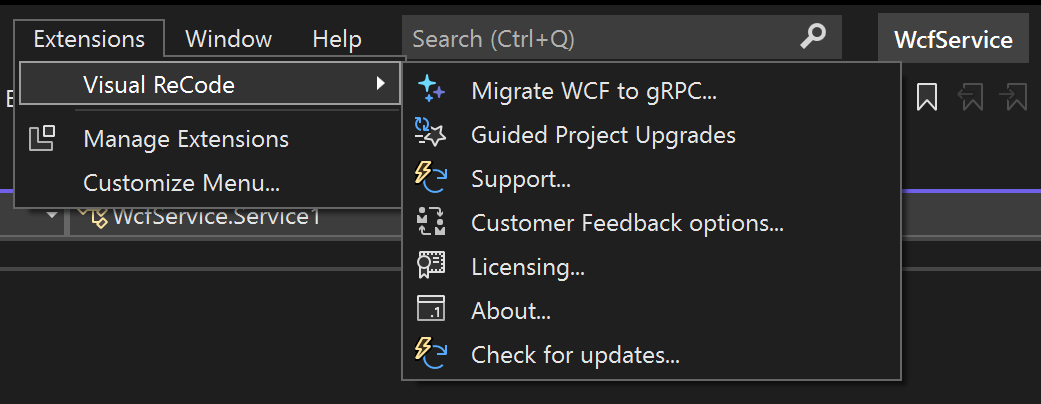 Screenshot of Visual Studio extension menu showing the Visual ReCode options